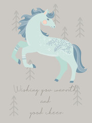 Cute card with a horse. Christmas greeting gift cards with winter elements and holiday wishes. Winter vector illustration isolated on white background.