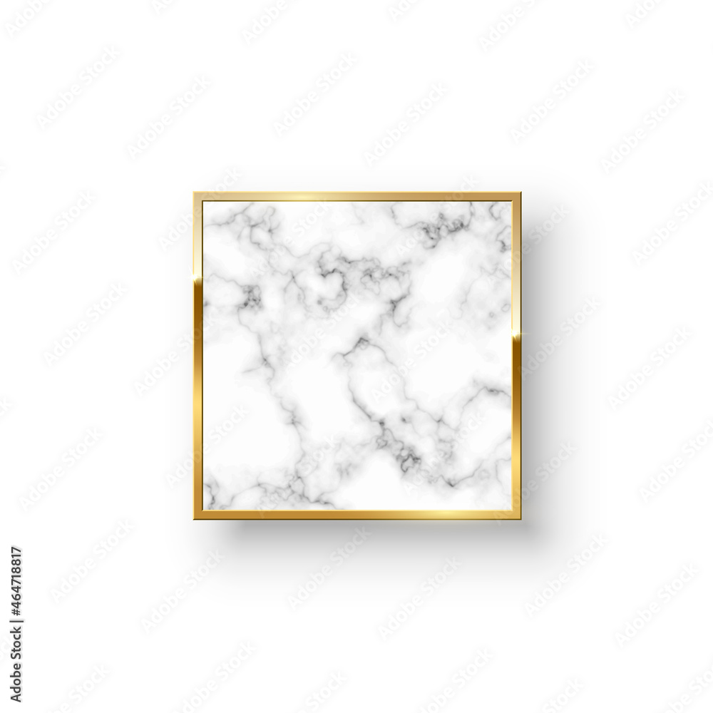 Poster golden square frame with marble pattern inside vector illustration. realistic 3d shiny design decora