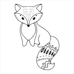 Cute fox in doodle style. Simple decor for a festive Christmas and New Years. Vector illustration isolated on white background.