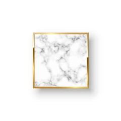 Golden square frame with marble pattern inside vector illustration. Realistic 3d shiny design decoration with gold metal line border and glossy effect isolated on white background.