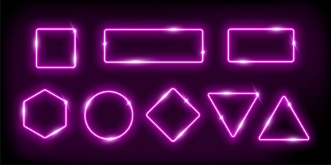 Neon frames glow, geometric shapes set, abstract borders with electric neon purple effect
