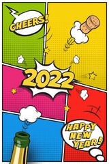 2022 New Year vertical postcard or greeting card template. Vector festive retro design in comic book style with champagne bottle and flying cork.