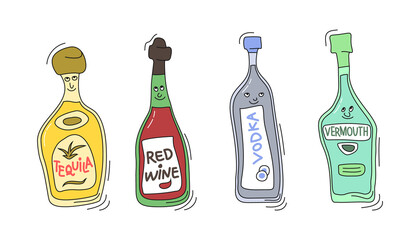 Fototapeta na wymiar Tequila, red wine, vodka and vermouth with smile on white background. Cartoon sketch graphic design. Doodle style with black contour line. Cute hand drawn bottle. Party drinks concept. Freehand draw.