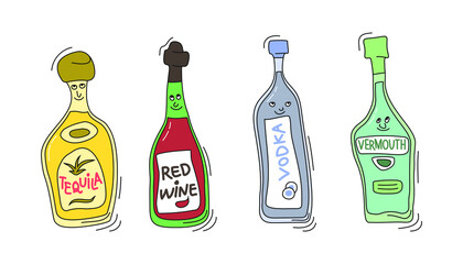 Tequila, red wine, vodka and vermouth with smile on white background. Cartoon sketch graphic design. Doodle style with black contour line. Cute hand drawn bottle. Party drinks concept. Freehand draw.