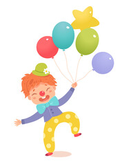 Clown kid character performing fun show in circus, boy with funny nose and balloons