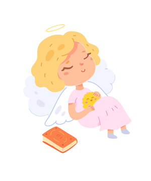 Angel baby lying on soft cloud pillow of heaven, little girl guardian sleeping in air