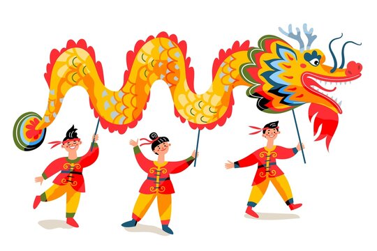 People holding Chinese New Year dragon. Traditional Asian festival vector illustration. Boys and girl walking and celebrating holiday with dragon paper animal on white background