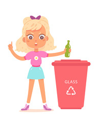 Cute girl sorting glass in trash bin vector illustration. Cartoon child character holding bottle, throwing garbage in dustbin container to save ecology environment isolated on white.