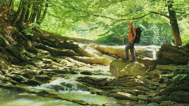 Senior Male Hiker with Backpack and Nordic Walking Poles Standing on a Large Rock Near a Waterfall in the Forest Enjoying Nature Therapy. Active Retirement, Tourism and Hobby Concept.