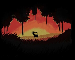 Jeleń w lesie podczas pożaru  © Dominik