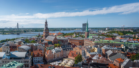 Fototapeta premium Panoramic aerial view of Riga with Riga Cathedral and Vansu Bridge - Riga, Latvia