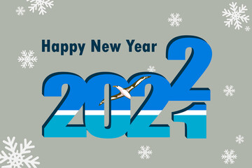 New Year's card 2022. In the photo: an element of the Midway Islands flag. Festive inscription and snowflakes. It can be used as an advertising poster, postcard, flyer, invitation or website.