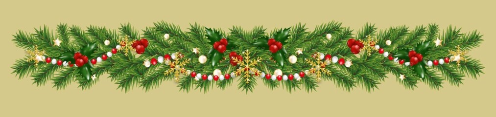 Fototapeta na wymiar Christmas border decorations garland with fir branches, golden snowflakes, holly berries and beads. Design element for Xmas or New Year on light background. Vector