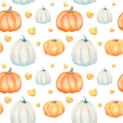 Watercolor Pumpkin Melon Seamless Pattern. Autumn design. Idea for textile, tile, fabric, wrapping paper. October. Cute print for children, baby. Handdrawn. Bright pattern. Hearts. Kids illustratin.