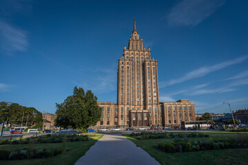 Fototapeta na wymiar Latvian Academy of Sciences - stalinist architecture building in Riga - Riga, Latvia