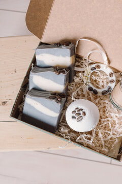 Gift Eco Friendly Set. Natural Coffee Soap, Soy Sachet And Bath Bomb In Gift Box. Coffee Aroma