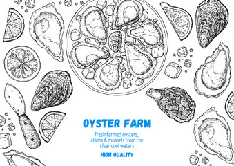 Obraz premium Oysters and oysters dish with lemon and ice sketch. Hand drawn vector illustration. Top view. Design template. Food menu.