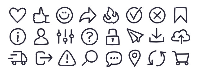 Drawings and doodles of mini icons with subjects like, share, internet, webshop, account, communication, website, interface