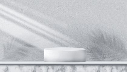 Panoramic 3D illustration of white wall background with two blank podiums for product placement and advertisement. Natural windows lights. Minimal display mock-up template for product showing.