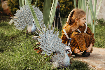 photo of a little girl in the park in autumn in nature, walking in nature