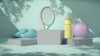 Podiums for product show with sport equipment. 3D rendering. © jm1366