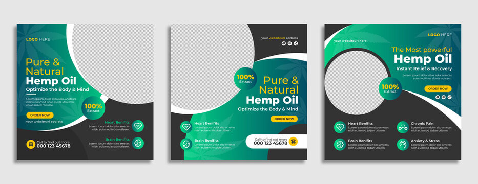 Hemp or cbd oil sale marketing social media post or web banner template design with logo, icon and abstract graphic background. Organic cannabis or marijuana medical product promotion flyer.     