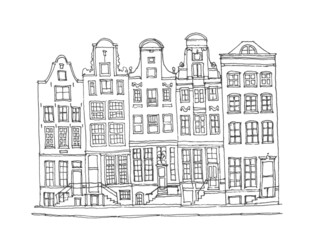 Liner sketches architecture of Amsterdam, Holland, hand drawing sketch, graphic illustration. Urban sketch in black color isolated on white background. Hand drawn travel postcard. Travel sketch.