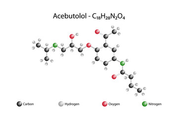 Molecular formula of acebutolol. Acebutolol, is a beta blocker for the treatment of hypertension and arrhythmias.