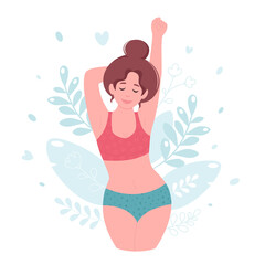 Obraz na płótnie Canvas Woman in underwear. Body positive, self love, self care concept. Vector illustration