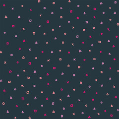 Fototapeta na wymiar Seamless Vector Hand Drawn Party Background Pattern with Confetti, Squares, Triangles, X's and Circles Pink on Dark Grey Background