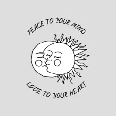 Vintage Mystic Kissing Sun and Moon Illustration with Lettering Peace to your mind love to your heart