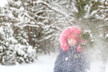 Defocus little funny girl in red warm hat shakes the snow from a branch outside on nature winter snowy forest background. Pretty child outdoor, cold weather. Happy holidays. Snowstorm. Out of focus