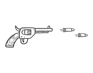 Hand drawn revolver gun with bullet element. Comic doodle sketch style. Cowboy, western concept icon. Isolated vector illustration.