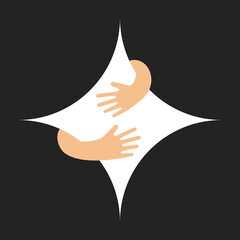 Human hands embracing or holding square with concave sides vector flat illustration isolated on black background. Creative emblem with white big rhomb and hugging arms. Logo with a hug.