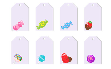 Candy frame badge template sweets, marshmallow, hard candy on stick, jelly worm, chocolate heart, strawberry. Decor for candys shop banner. Bonbon for cafe and restaurant menu. Vector illustration