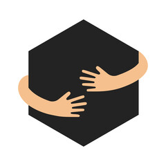 Human hands embracing or holding regular hexagon vector flat illustration isolated on white background. Creative emblem with black big figure and hugging arms. Logo with a hug.