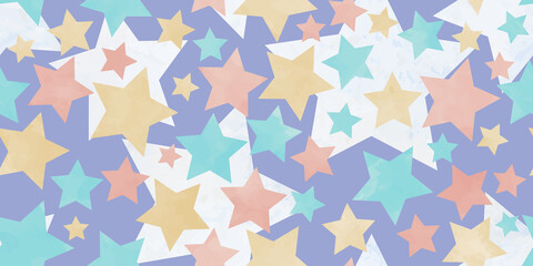 Seamless pastel vector watercolor baby background texture with multicolor stars. Pastel color fun kids backdrop for postcards, poster. Painted hand drawn Christmas illustration. Merry Christmas.	