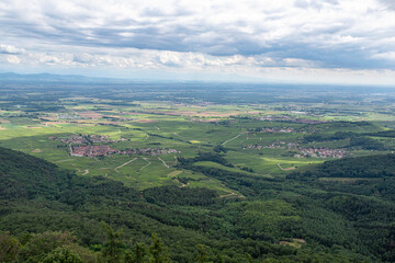 Aerial view of a village in Alsace, France with fields