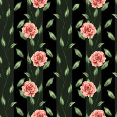 Delicate floral seamless pattern with rose flowers on black.