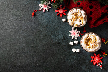 Obraz na płótnie Canvas Christmas background with homemade hot chocolate, top view. Winter cocoa. New year drink. Flatlay with cocoa. Christmas composition with cocoa. Cosy drink.