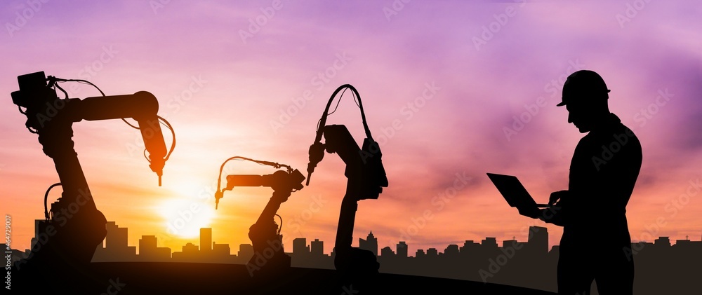 Poster mechanized industry of future factory double exposure image . concept of robotics technology for ind