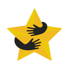 Human hands embracing or holding five pointed star vector flat illustration isolated on white background. Creative emblem with yellow big star and hugging black arms. Logo with hug.