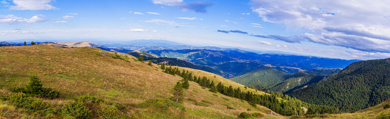 Fototapeta na wymiar Picturesque nature panoramic view of mountain landscape , summer day. Beautiful sky. Kopaonik mountain. Serbia. Europe.