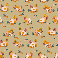 Seamless pattern with country houses, giant pumpkins, trees in yellow. Cozy rural background, Thanksgiving Day concept. For surface design and other design projects