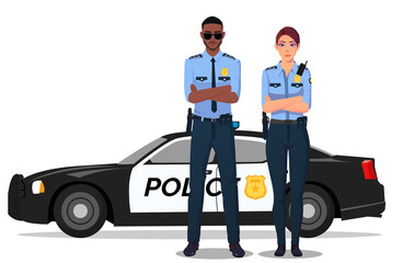 Male and Female Cop Standing Next to Police Car, Policeman and Policewoman in Uniform illustration