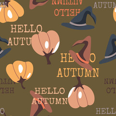 Vector seamless pattern for Halloween. Pumpkin, hat, lettering on the theme of Halloween.