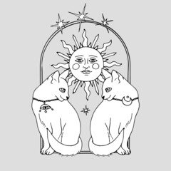 Vintage Gold and Black Mystic Cats and sunshine with female face inside arch Illustration