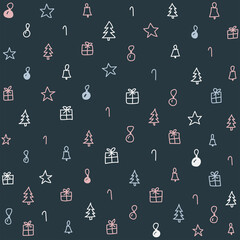 Seamless Hand Drawn Vector Christmas Pattern with Christmas Trees, Gifts, Ornaments, Candy Canes, Stars, Bells
