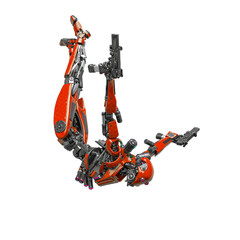 Naklejka premium droid soldier is flying down in action and holding a pistol