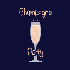 A glass with the inscription Champagne party. Beautiful wine glasses for the event. Alcoholic sparkling drinks with inscriptions. Vector illustration